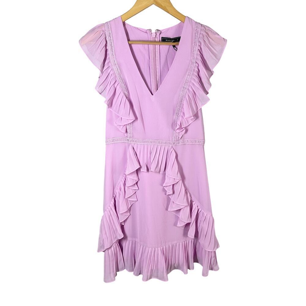 BCBGMAXAZRIA Pleated Ruffled Mini Dress Size US 4 Orchid